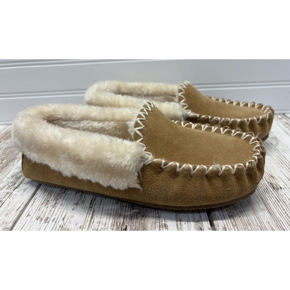 Minnetonka  Suede Faux Fur Lined Moccasin Slippers Tan 7 M